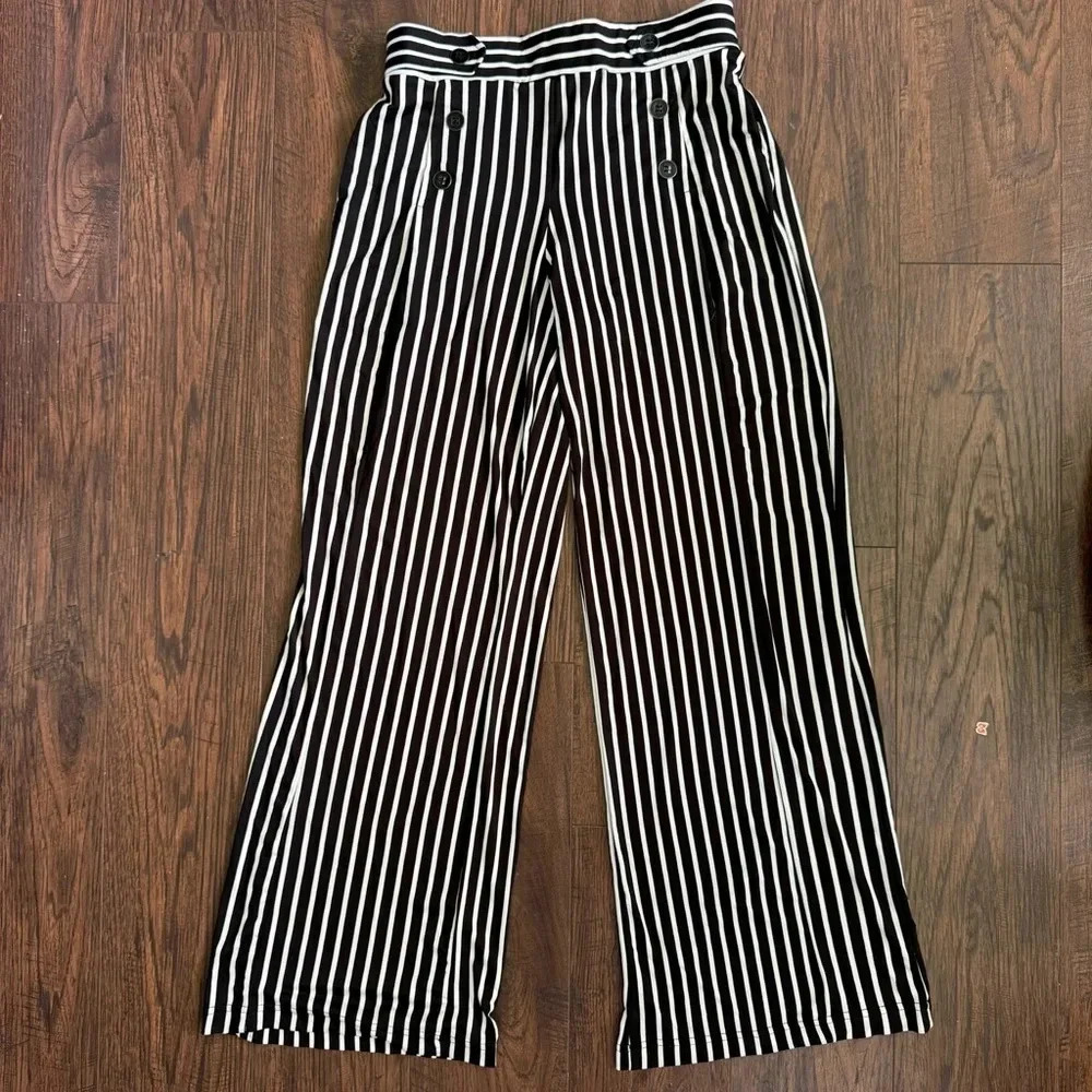 Robert Louis Wide Leg Chic Dress Pants Black White Striped High Waisted Womens S